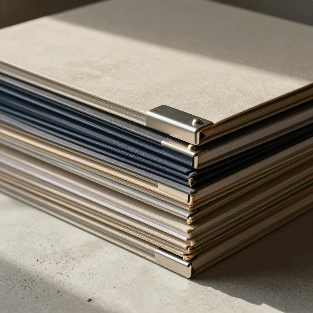Archive folders, corner protectors, and a paperweight on pale concrete under raking light.