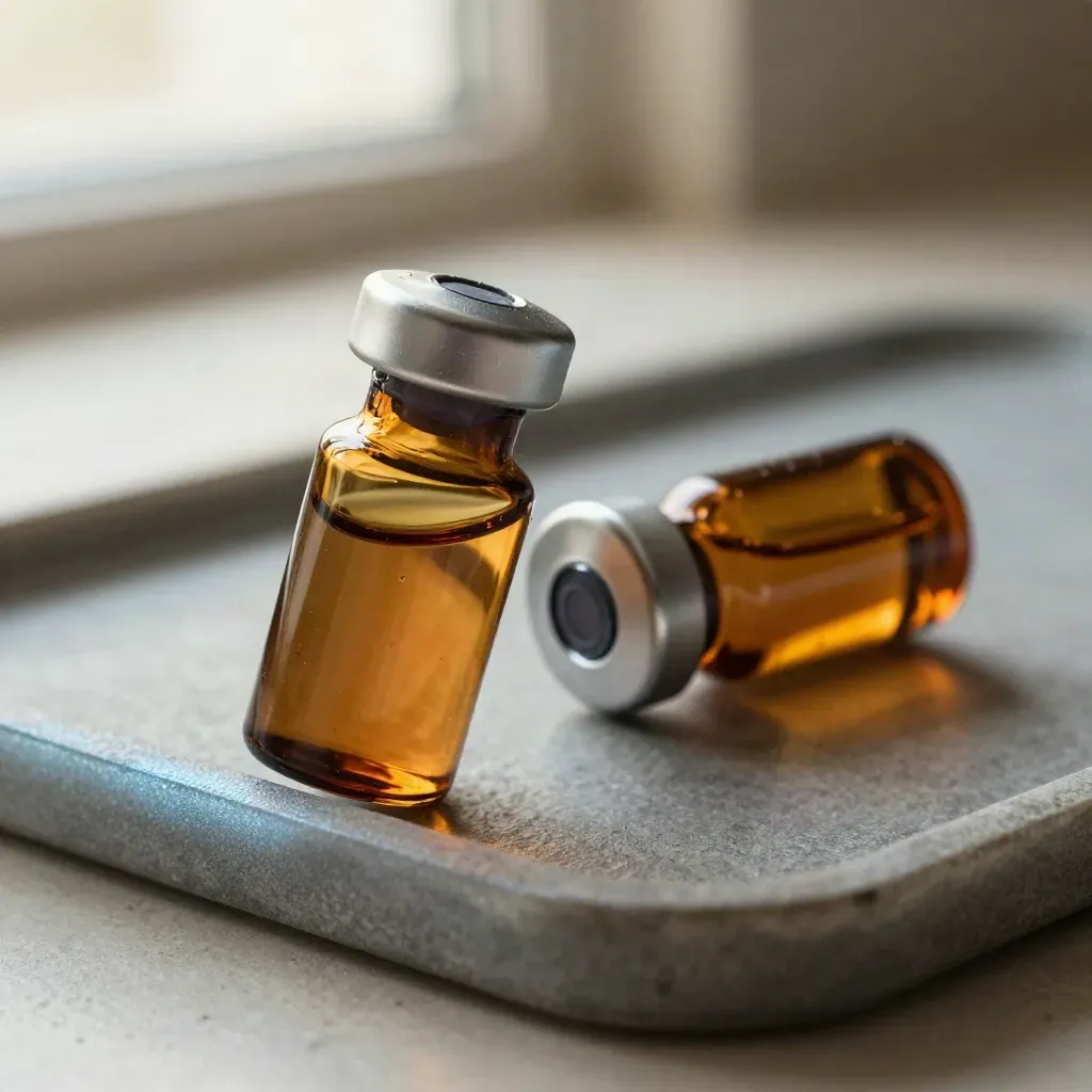 Macro view of amber specimen vials, a steel cap, and a frosted tray edge on stone.