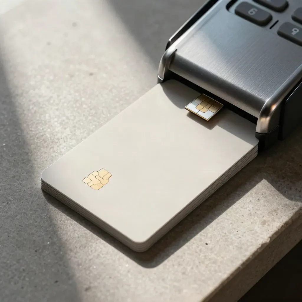 Overhead still life of a prepaid card, chip module and terminal shell on brushed metal.