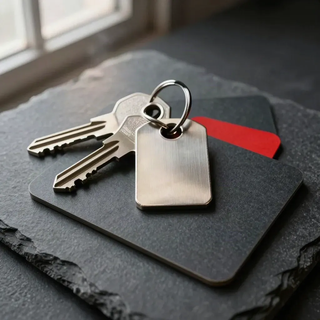 Brushed vault key, blank token, and matte cards on charcoal stone with a red accent.