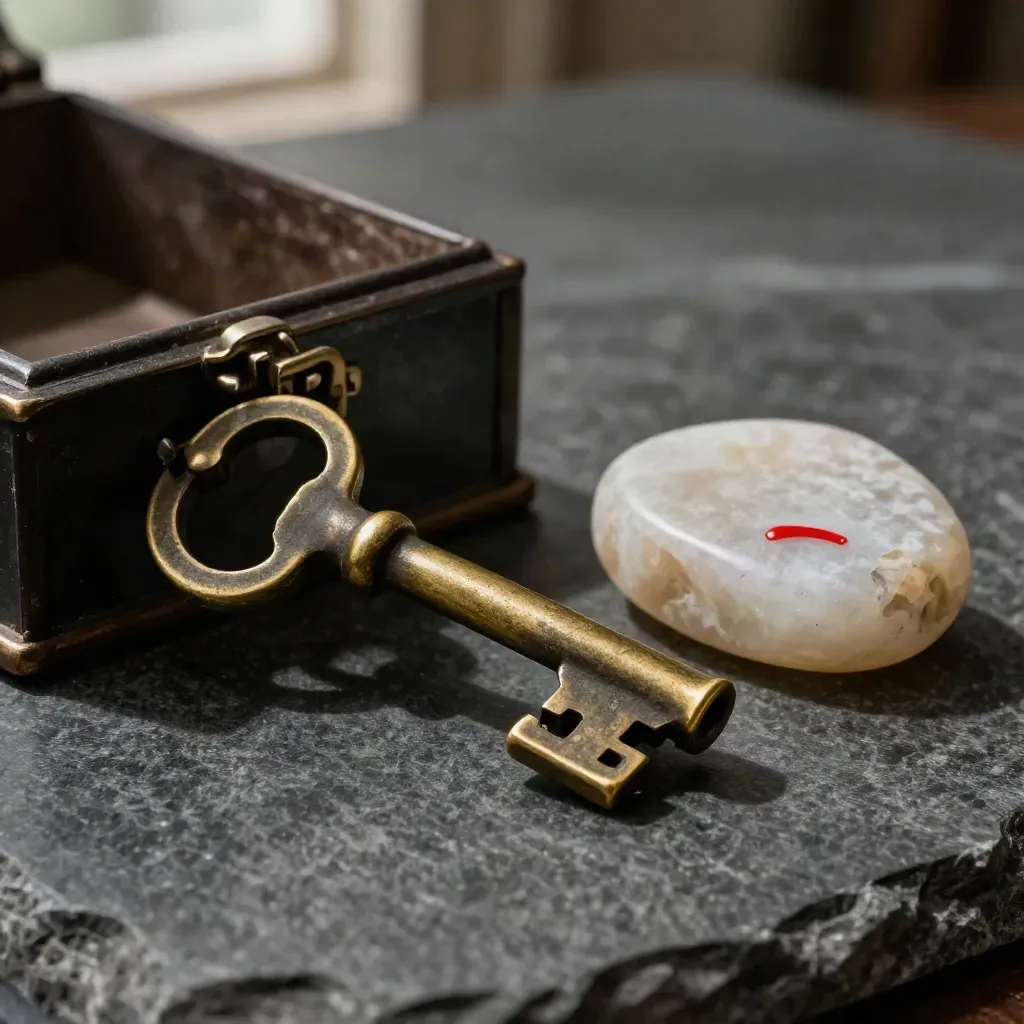 Brass vault key half-turned in a dark lockbox clasp beside stone on charcoal surface.