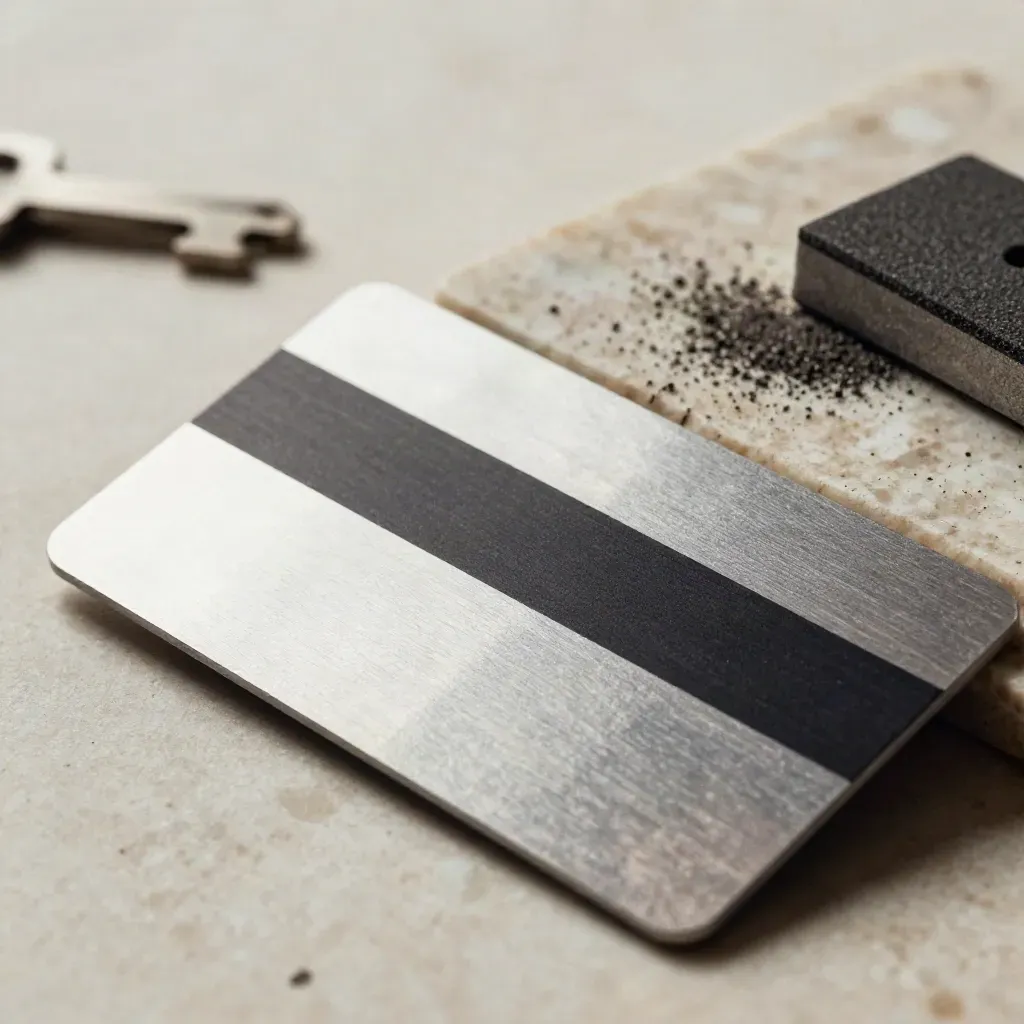 Extreme macro of a blank embossed metal card overlapping a stripe sample beside a tiny sanding block.