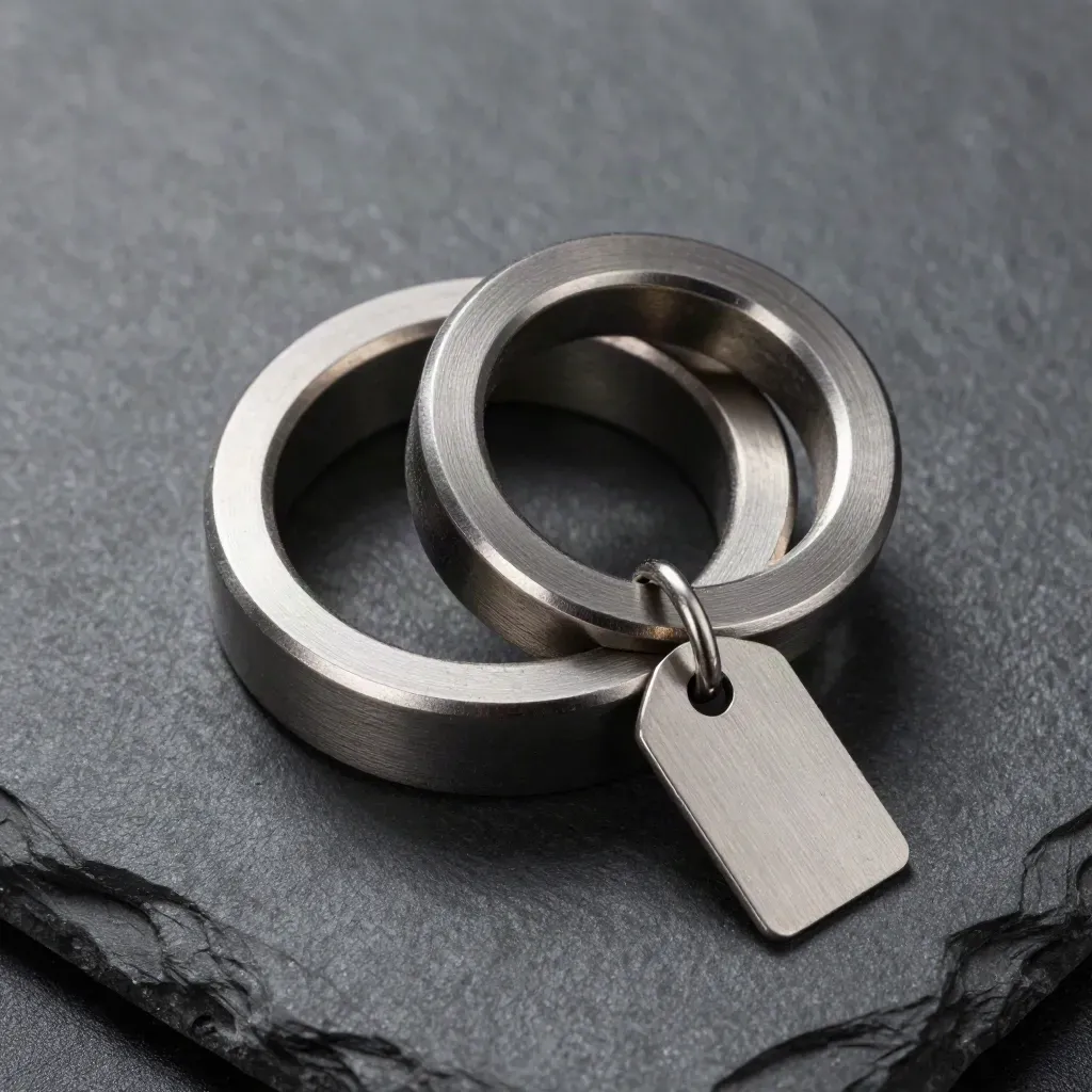 Brushed-steel interlocked rings, loose tag and alignment pins on graphite stone, top-down macro.