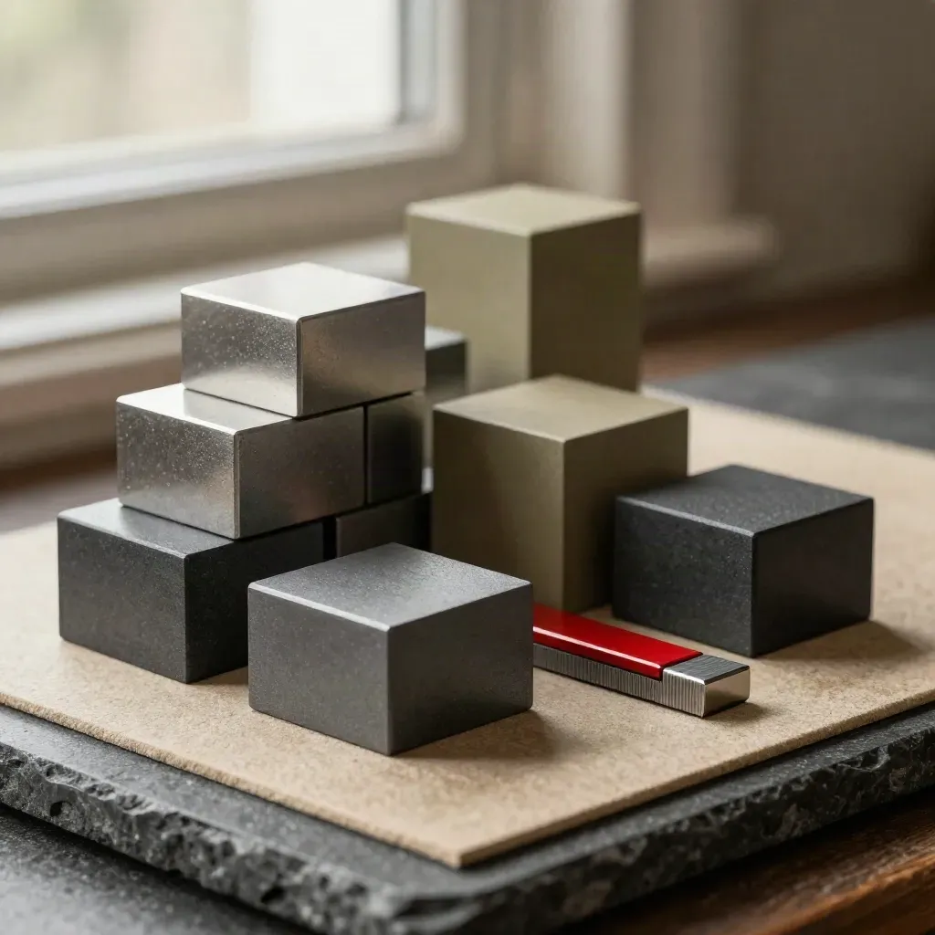 Matte calibration weights with a red spacer on a stone bench, shot low in dramatic light.