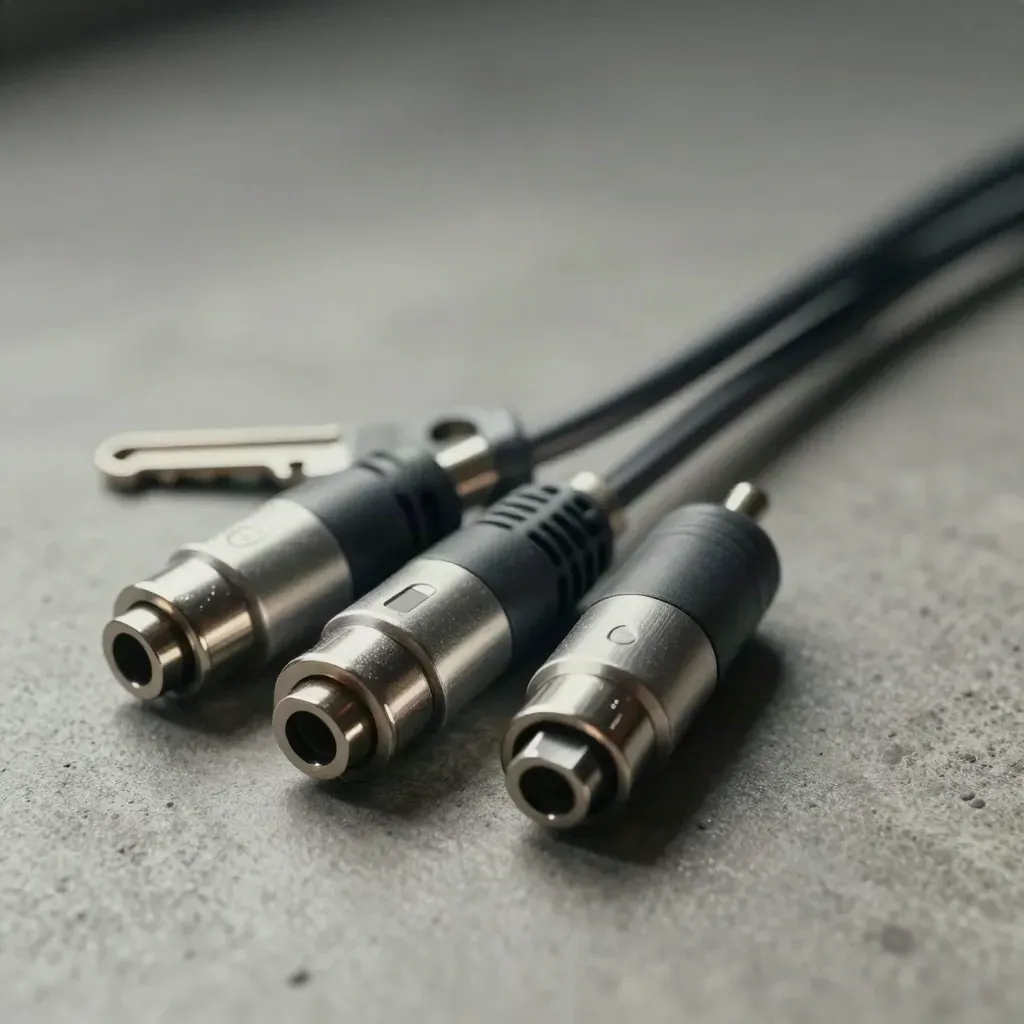 Braided data cable, adapter plugs and sample cartridges on a dark concrete surface.