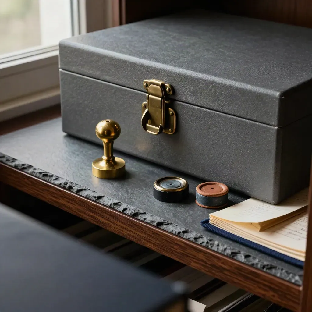 Archive box, brass seal stamp and ledger weights on a slate shelf, seen through a dark foreground strip.