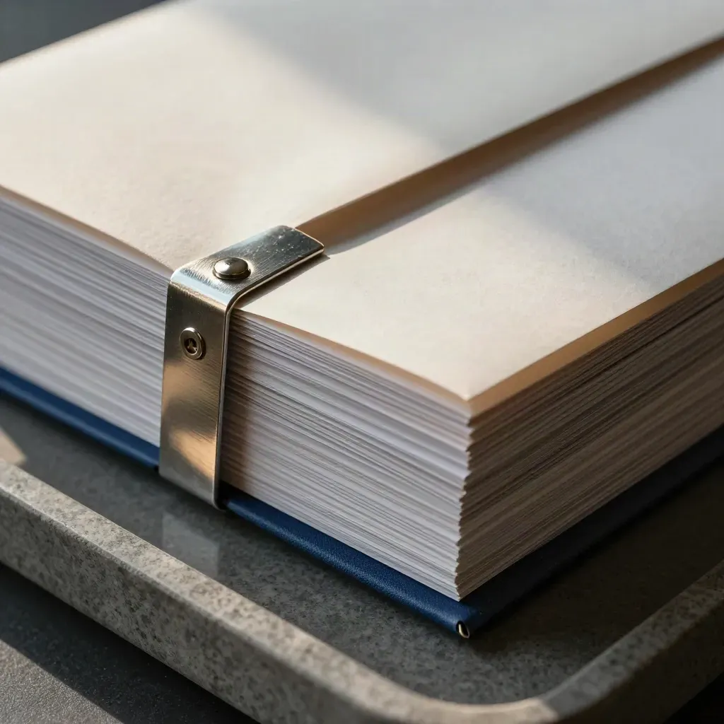 Bound investigator report pack with metal fasteners and fanned sleeves on a graphite archive tray.