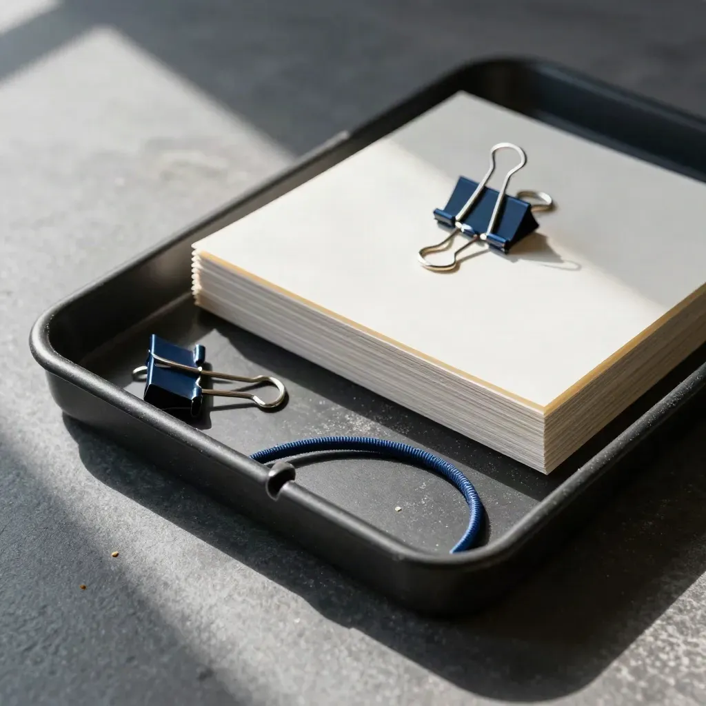 Black evidence tray with binder clips, dividers, and a navy cable tie on stone.