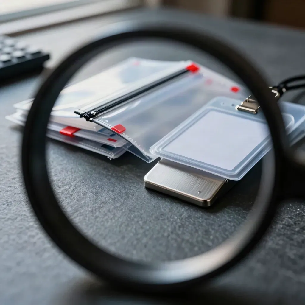 Macro through a blurred ring at evidence pouches, blank badges, and a steel card dock.