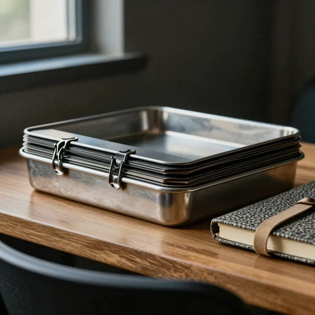 Case trays, file clips and a closed notebook on oak, seen through a blurred dark ring.