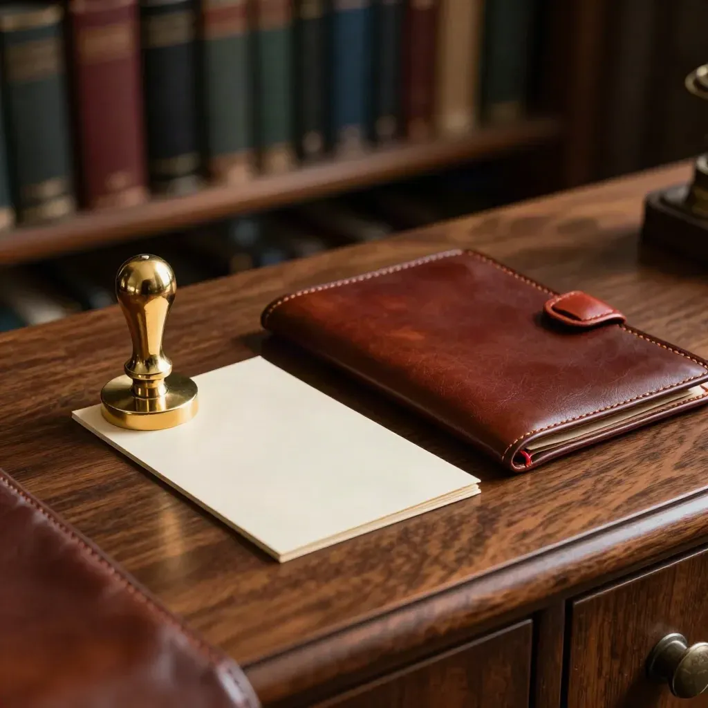 Brass desk seal, blank card, and leather folder on walnut in moody light.