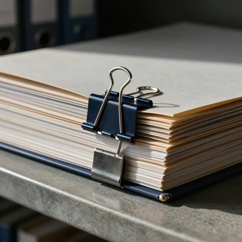 Macro of compliance seals and binder clips gripping a dark archive clasp on stone.