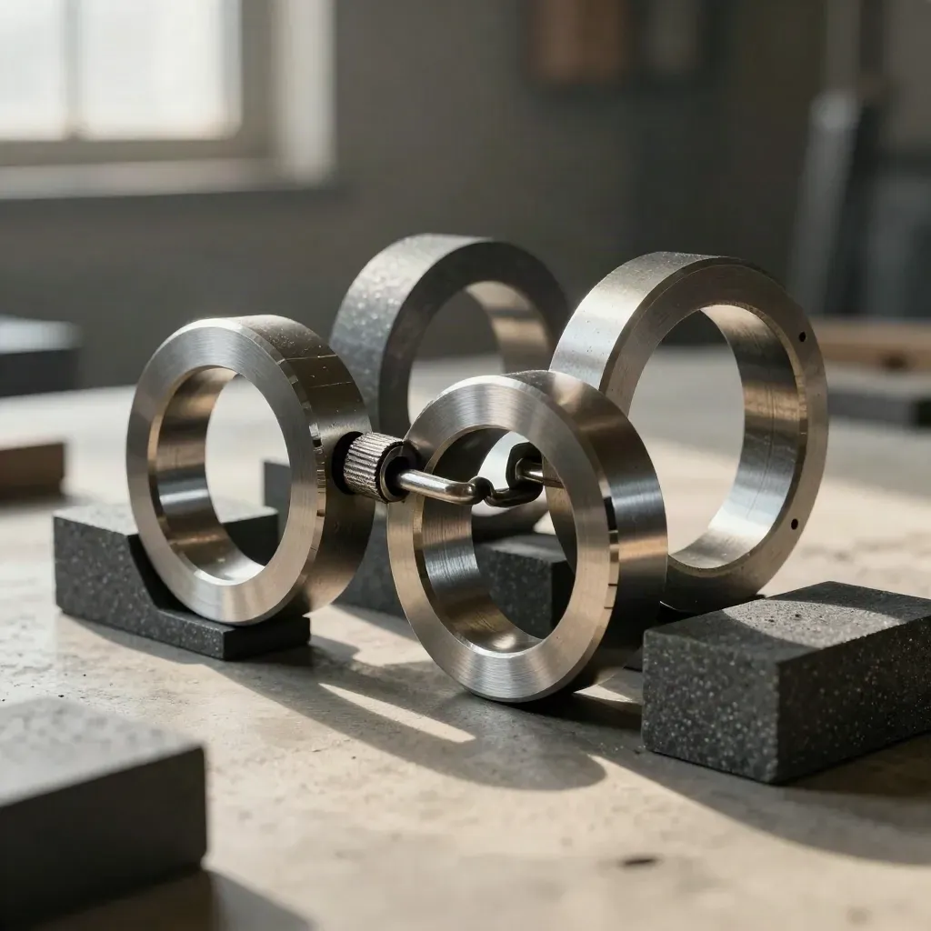 Machined steel rings and blocks linked on a dark workbench in dramatic studio light.