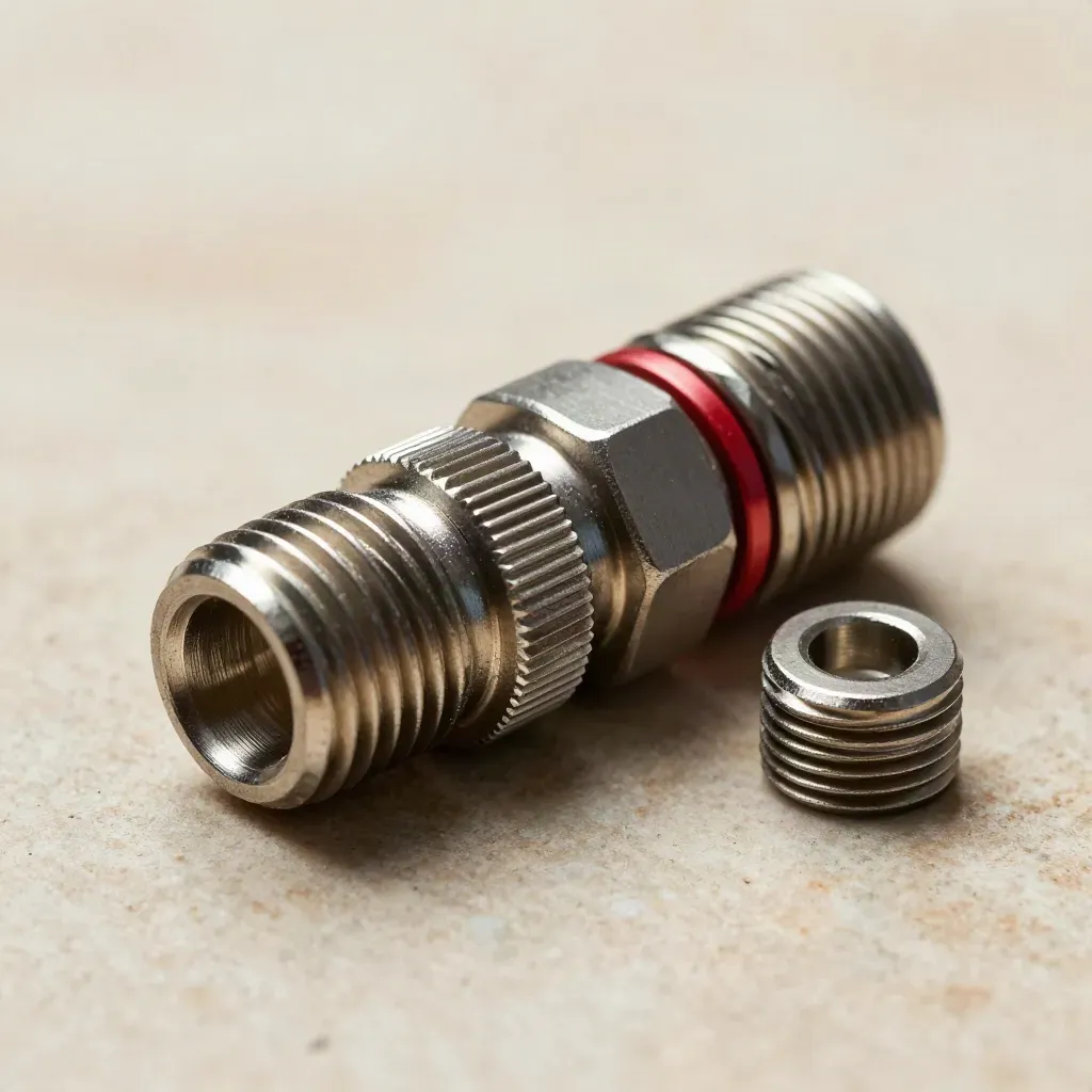 Macro of metal connectors and a coupler sleeve on a warm stone surface with red accent