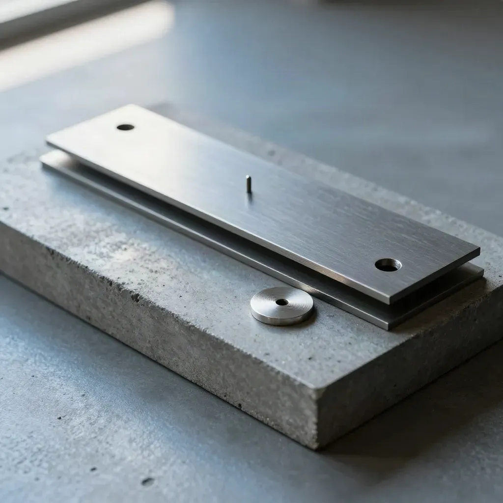 Graphite blocks, spacer plate, and alignment pin on concrete, lit from upper left.