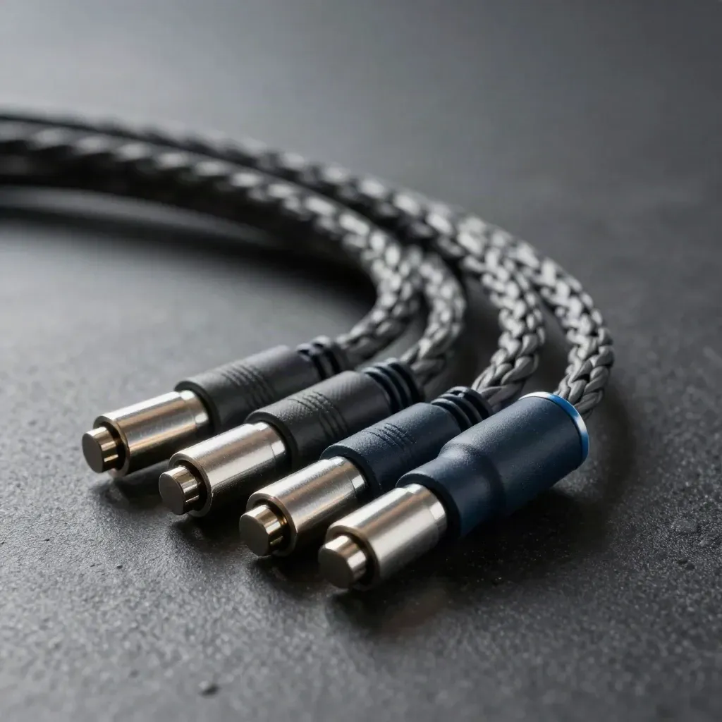 Braided sensor cables loop around a matte puck on dark stone, lit by soft window light.