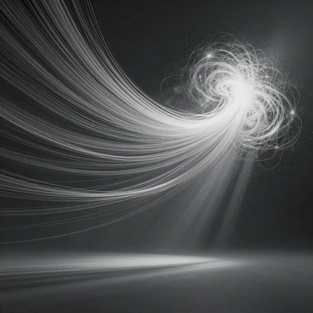 Silver light filaments converge into a white bloom in dark graphite haze.